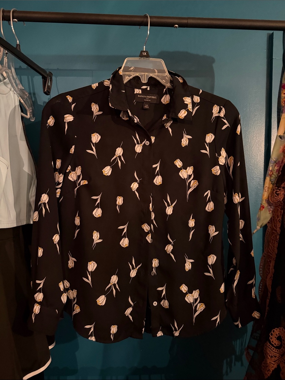 Banana Republic Black Button-Down Shirt with White and Yellow Floral Print